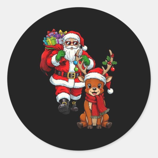 Santa Claus With Reindeer And Cool Christmas Ronde Sticker (Voorkant)
