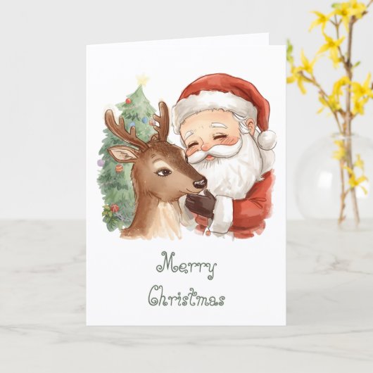 Santa Claus with reindeer & whimsical Christmas Kaart (Gele Bloem)