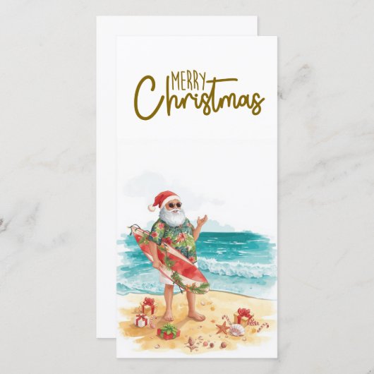 Santa Claus with Surf Board Christmas tropical  Feestdagenkaart (Voorkant / Achterkant)