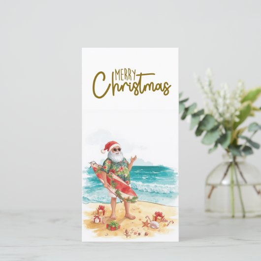 Santa Claus with Surf Board Christmas tropical  Feestdagenkaart (Staand voorkant)