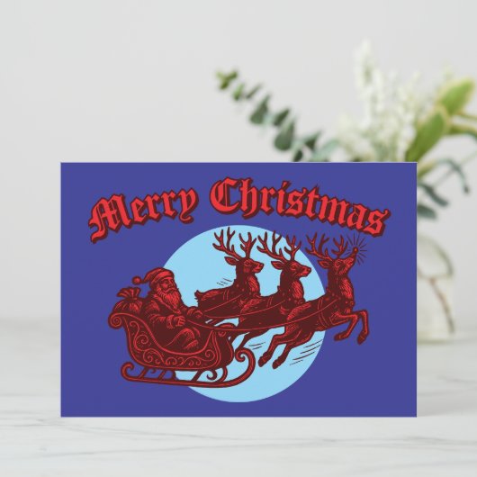 Santa Clause In Sleigh & Reindeer Christmas Feestdagenkaart (Staand voorkant)