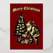 Santa Clause Under Christmas Tree Folie Feestdagenkaart (Voorkant)