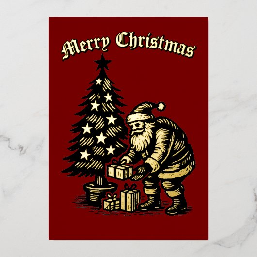 Santa Clause Under Christmas Tree Folie Feestdagenkaart (Voorkant)