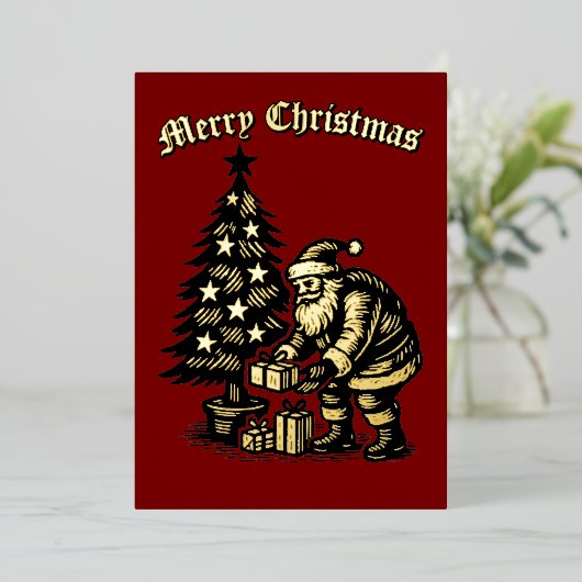 Santa Clause Under Christmas Tree Folie Feestdagenkaart (Staand Voorkant)