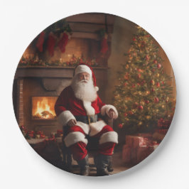 Santa Clause with Christmas Tree & Fireplace Papieren Bordje