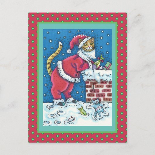SANTA CLAWS CAT ON ROOFTOP BRINGGIFTS, FUNNY BRIEFKAART (Voorkant)