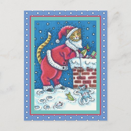 SANTA CLAWS CAT ON ROOFTOP BRINGGIFTS, FUNNY BRIEFKAART (Voorkant)