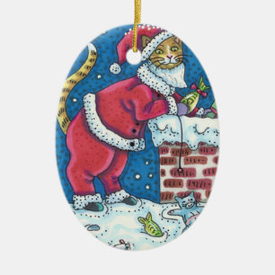 SANTA CLAWS CAT ON ROOFTOP BRINGGIFTS, FUNNY KERAMISCH ORNAMENT