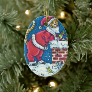 SANTA CLAWS CAT ON ROOFTOP BRINGGIFTS, FUNNY KERAMISCH ORNAMENT