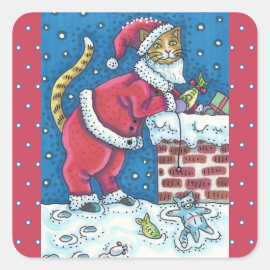 SANTA CLAWS CAT ON ROOFTOP BRINGGIFTS, FUNNY VIERKANTE STICKER (Voorkant)