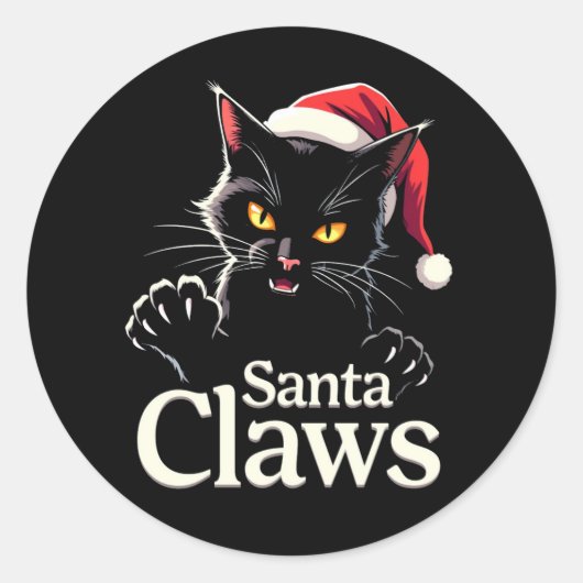 Santa Claws – Funny Black Cat Christmas Design Ronde Sticker (Voorkant)