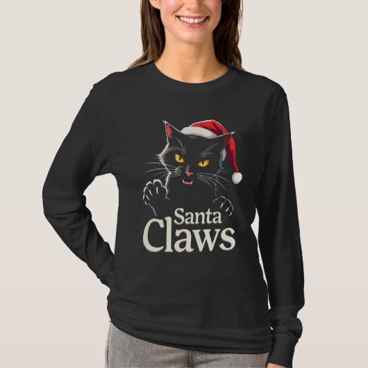 Santa Claws – Funny Black Cat Christmas Design T-shirt (Voorkant)