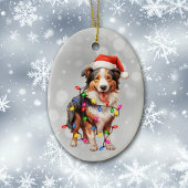 Santa Collie Hond Verpakt in Kerstverlichting Keramisch Ornament