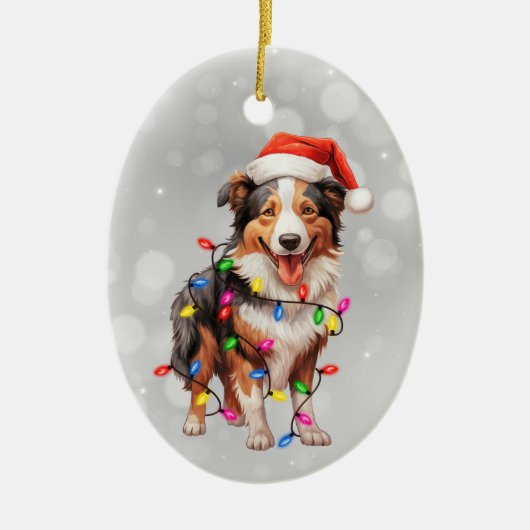 Santa Collie Hond Verpakt in Kerstverlichting Keramisch Ornament (Voorkant)