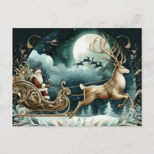 Santa coming on a deer sleight Golden Briefkaart (Voorkant)