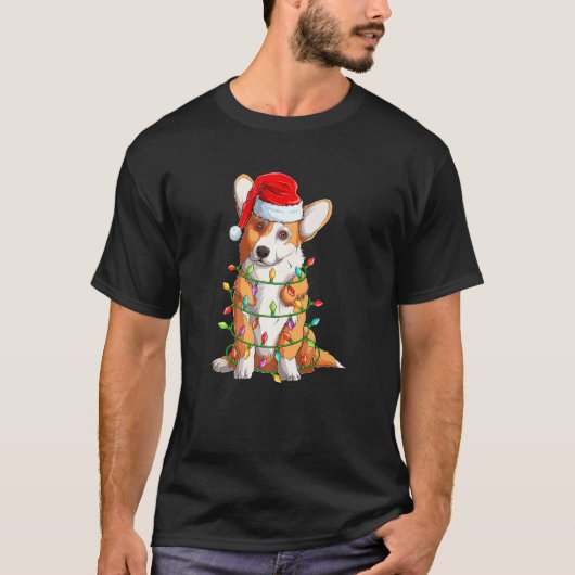 Santa Corgi met kerstboomverlichting Funny Xmas T-shirt (Voorkant)