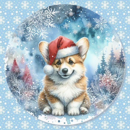 Santa Corgi puppy in wintersneeuw Waterverf Ronde Sticker