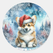 Santa Corgi puppy in wintersneeuw Waterverf Ronde Sticker (Voorkant)