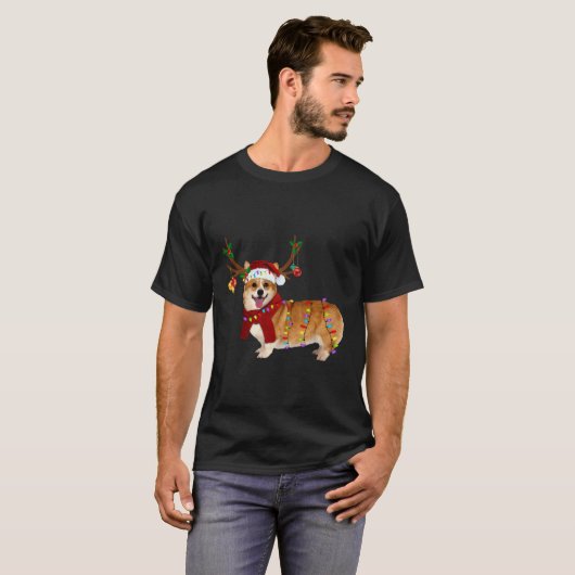 Santa Corgi rendieren licht kerstcadeaus T-shirt (Voorkant volledig)