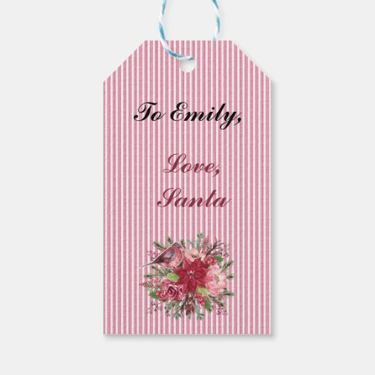  Santa Cranberry Floral Stripe Cadeaulabel (Achterkant)