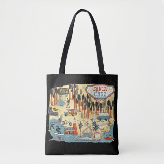 Santa Cruz California Illustrated Map Black Tote Bag (Voorkant)