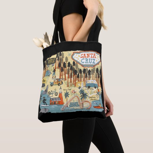 Santa Cruz California Illustrated Map Black Tote Bag (Dichtbij)