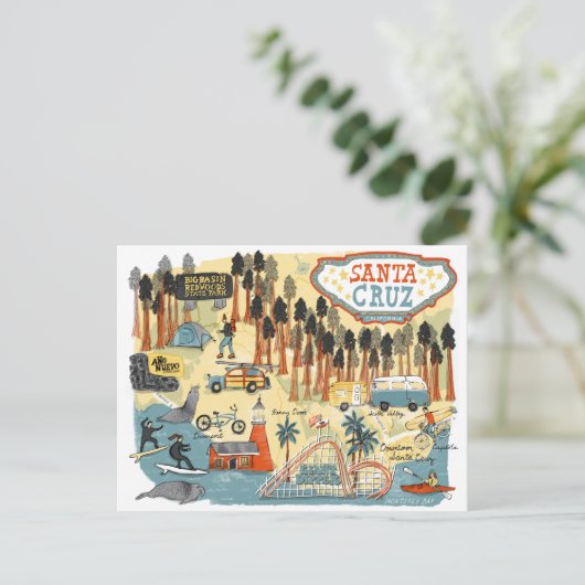Santa Cruz California Illustrated Map Briefkaart (Staand voorkant)