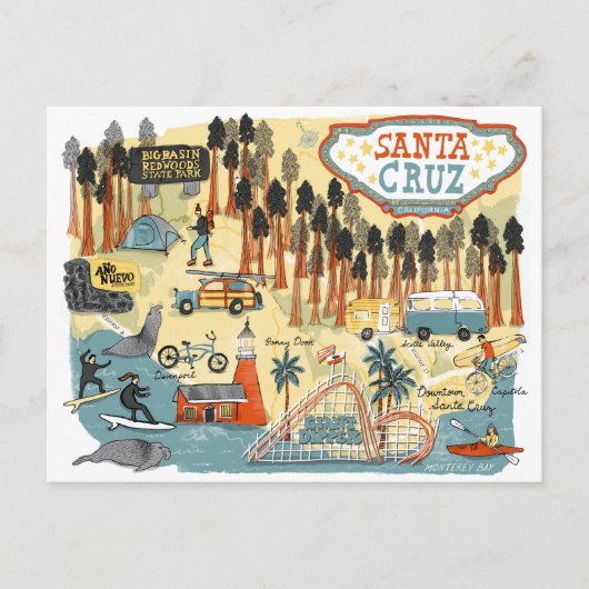 Santa Cruz California Illustrated Map Briefkaart (Voorkant)