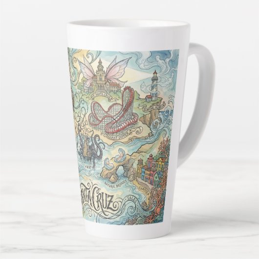 Santa Cruz California Illustrated Map Mythical Latte Mok (Rechterhoek)