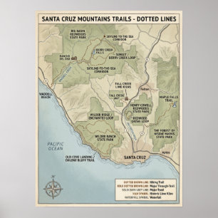 Santa Cruz California Trailkaart Redwood & Kust Poster
