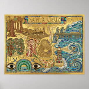 Santa Cruz Californië Mozaïekkaart Boardwalk Stran Poster
