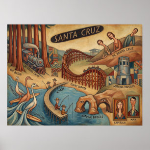 Santa Cruz Californië Whimsical Kaart UCSC Boardwa Poster