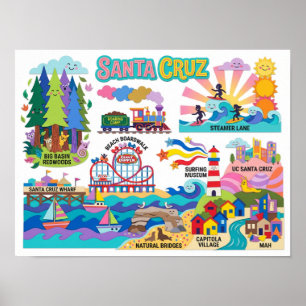 Santa Cruz geïllustreerde kaart Boardwalk Strand S Poster