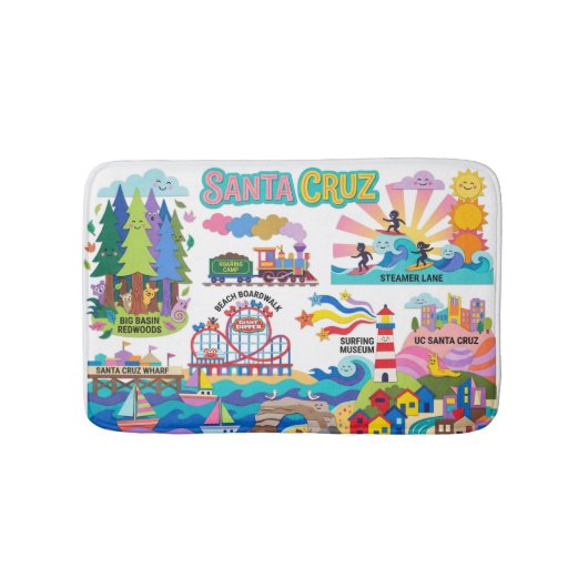 Santa Cruz Illustrated Map Boardwalk Beach Surfing Badmat (Voorkant)