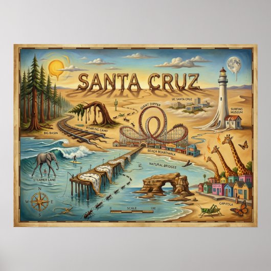 Santa Cruz Pop Art Map – Bold Coastal Landmark Poster (Voorkant)