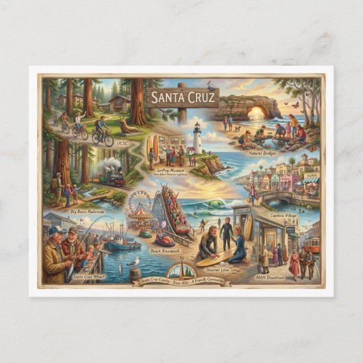 Santa Cruz Vibe Map – Culturele Kunstprint van de Briefkaart (Voorkant)