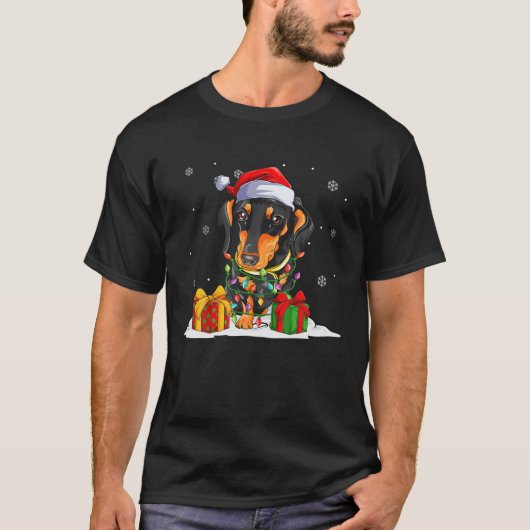 Santa Dachshund-kerstlampjes, Sweater Xmas Dog T-shirt (Voorkant)
