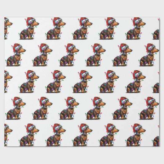 Santa Dachshund met kerstverlichting Cadeaupapier (Vlak)