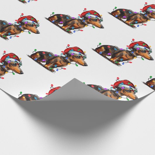 Santa Dachshund met kerstverlichting Cadeaupapier (Hoek)