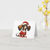 SANTA DACHSHUND PUPPY KERST KAART (Gele Bloem)