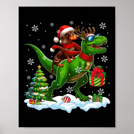 Santa Dachshund Riding Reindeer T-rex Christmas Ki Poster (Voorkant)