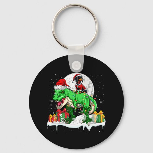 Santa Dachshund Riding T-rex Kerstman Eigenaar Kin Sleutelhanger (Voorkant)