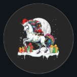 Santa Dachshund Riding Unicorn Christmas Owner Kin Ronde Sticker<br><div class="desc">Santa Dachshund Riding Unicorn Kerstman Eigenaar Kinder familie</div>
