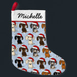 Santa Dachshunds Schattige Wiener Dogs Christmas Kleine Kerstsok<br><div class="desc">Dachshund Lover's Christmas Stocking. Design bevat vele kleurvariaties: rood,  zwart & tan,  piebald,  dappel,  crème en chocolade. Deze grappige hondenkerstkous is geweldig voor zowel wiener dogs als weenie hondenliefhebbers. Bezoek Jenn’s Doodle World voor nog meer hondenrassen kousen en Doxie lover’s vakantiedecoraties.</div>
