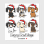 Santa Dachshunds Schattige Wiener Dogs Christmas Sticker<br><div class="desc">Leuke kerst Dachshund Stickers. Schattigee wiener honden hebben verschillende kleuren: zwart & tan,  merle dapple,  rood,  piebald,  crème en chocolade. Vinyl stickers zijn waterbestendig,  ideaal voor laptops,  waterflessen,  autoruiten en meer.</div>