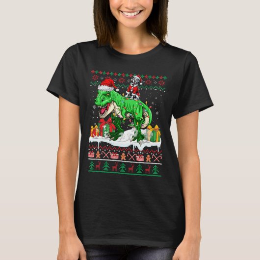 Santa Dalmatische Rijden T-rex Kerst Trui Lov T-shirt (Voorkant)