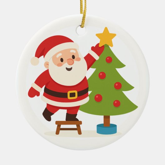 Santa Decorating Tree Personalized Family Name Keramisch Ornament (Voorkant)