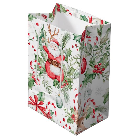 Santa Deer Baubles Holly Christmas Medium Cadeauzakje (Voorkant Gekanteld)