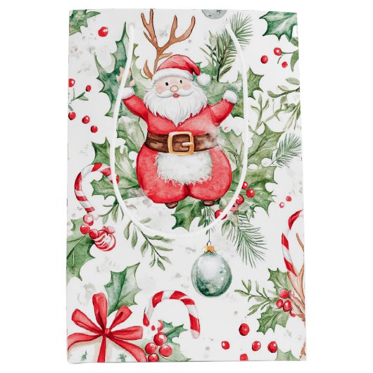 Santa Deer Baubles Holly Christmas Medium Cadeauzakje (Voorkant)