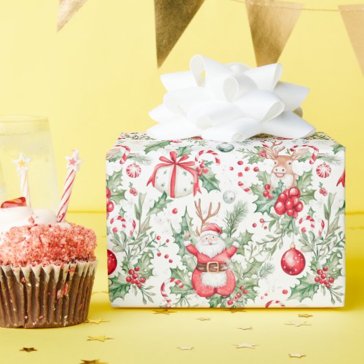 Santa Deer Baubles Holly Christmas Wrapping Paper Cadeaupapier (Verjaardagsfeest)